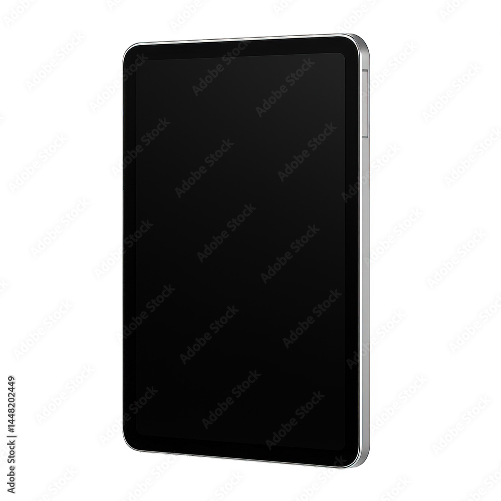 Poster modern portable tablet computer with a dark display and polished silver casing, shown in upright pos