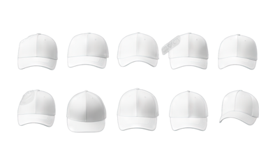 A collection of ten blank white caps arranged in a row. showcasing their design and structure. suitable for customization or promotional use in various settings