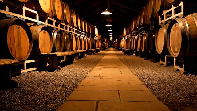 Symmetrical wine cellar with stacked wooden barrels and warm lighting

