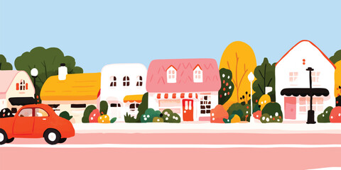 Obraz premium A charming illustration of a quaint town, depicting vibrant houses, trees, and a car cruising down the street. The art style radiates a playful and inviting atmosphere.
