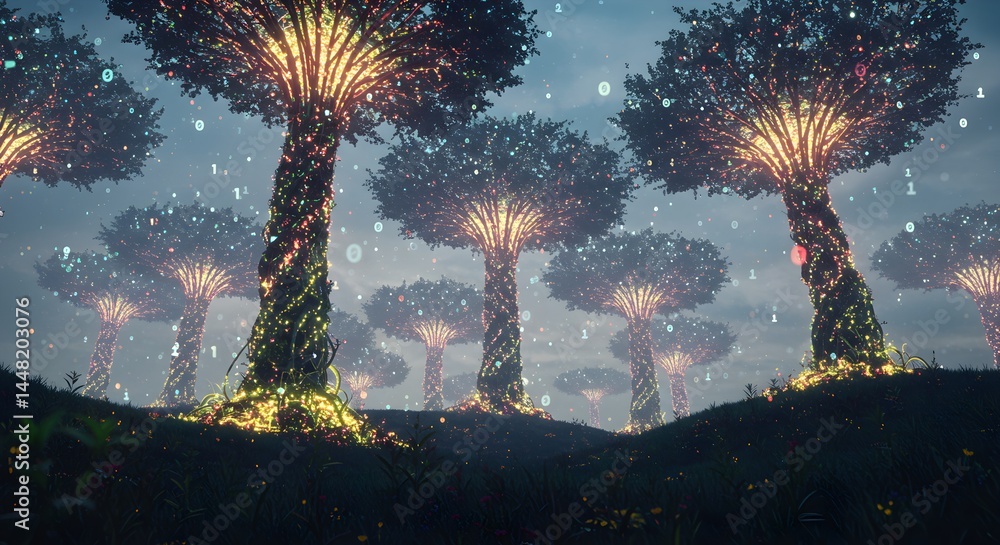 Poster mystical forest of data trees glowing under a twilight sky with digital code