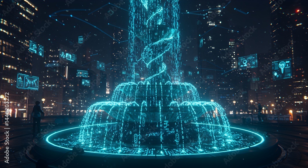 Poster futuristic fountain in urban landscape displaying data streams and digital interfaces