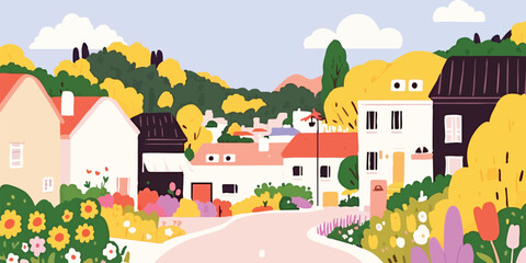 An idyllic illustration of a charming village scene with picturesque houses nestled amidst a vibrant, blooming landscape, painted in a cheerful, appealing style.