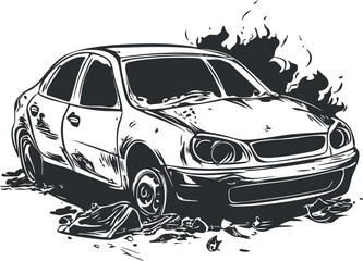 Black and white illustration of a damaged car with fire and smoke, showing a wrecked vehicle after an accident.