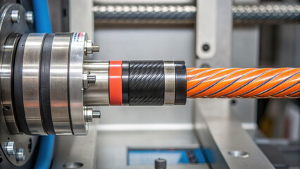 Closeup of armored high voltage cable with metal connector in industrial setting showing detailed texture and vibrant orange color