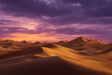 Naklejka premium Majestic dunes stretch under a vibrant sunset sky in the serene desert landscape