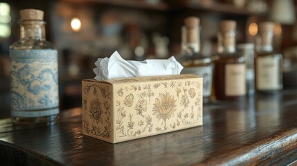 Tissue box with floral design on wooden bar with liquor bottles.