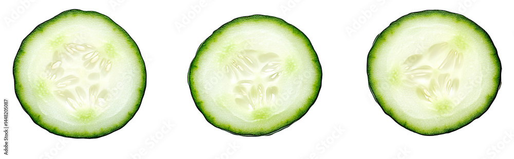 Poster three cross-sectional slices of a fresh cucumber displayed on a dark background. showcasing the vibr