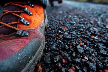 Trekking boot close-up on gravel path showcases orange and burgundy fabric with metal hardware for outdoor adventure