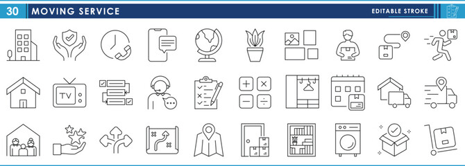 A set of line icons related to Moving Service. Apartment, house, utensils, family, goods, and so on. Vector editable stroke.