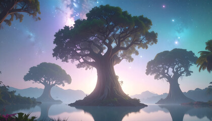 Surreal tree with cosmic nebula starry sky and water reflection in mystical dreamlike landscape
