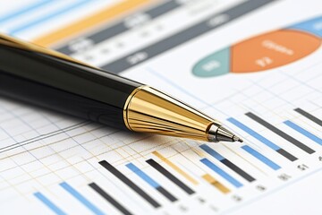 Close-up of a sleek pen resting on a detailed financial report with colorful graphs