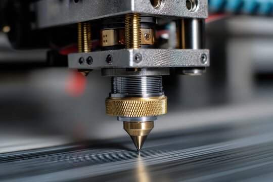 Precision instrument engraving parallel grooves onto surface, revealing intricate mechanical components and metallic texture.
