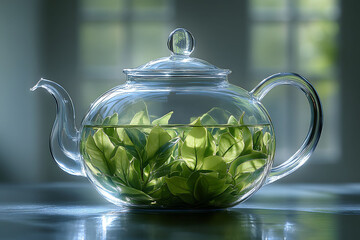 Tranquil Green Tea Leaves in Glass Teapot - Zen and Relaxation Concept for Kitchen Decor
