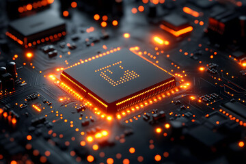 Futuristic Circuit Board with Glowing Orange Microchip for Technology Design