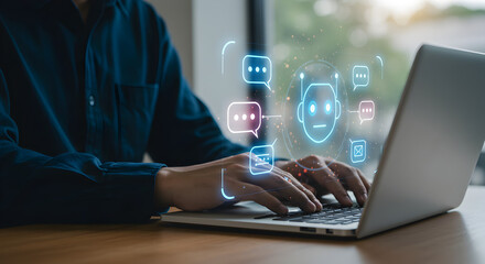 Chatgpt ai chatbot technology concept person using laptop for online communication and assistance