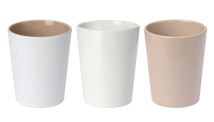 Set of three ceramic cups isolated on transparent background