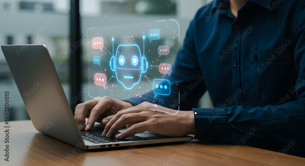 Poster ai chatbot assistant on laptop for customer service automation and digital transformation solutions