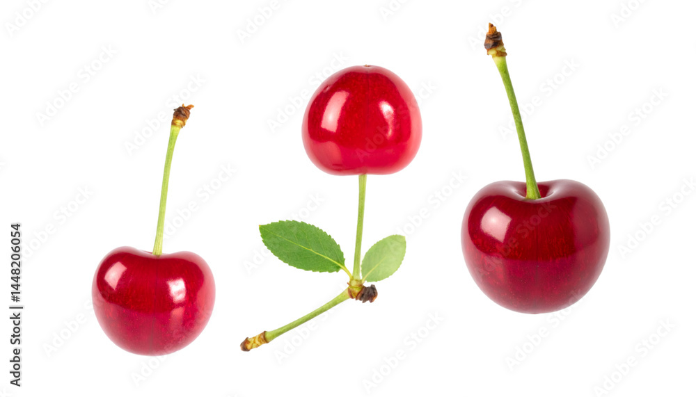 Poster three red cherries isolated on transparent background with clipping path