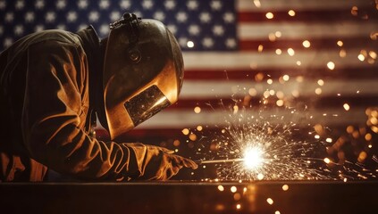 Welder at Work Sparks Fly with American Flag Background Steel Industry Patriotism and Labor Concept with Safety Gear and Protective Helmet