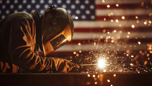 Welder at Work Sparks Fly with American Flag Background Steel Industry Patriotism and Labor Concept with Safety Gear and Protective Helmet - Powered by Adobe