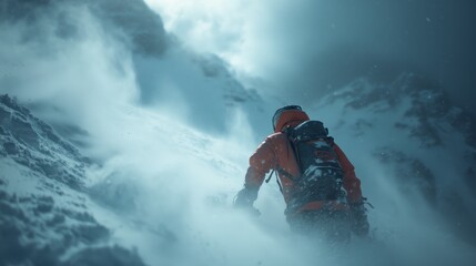 Avalanche airbag deployment against snowy backdrop with alpine peaks shrouded in icy turbulence