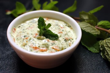 Vegetable raita and green chutney spicy mint yogurt dip