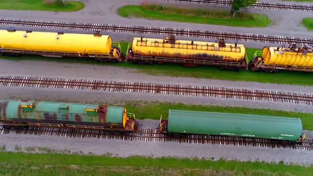 Aerial view of rusty yellow tank cars and green freight cars on parallel railway tracks in a grassy rail yard

