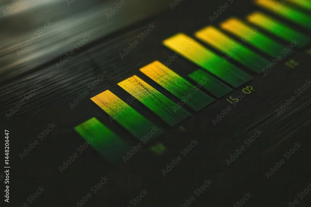 Poster close-up of colorful audio level meter bars indicating sound intensity in a studio setting