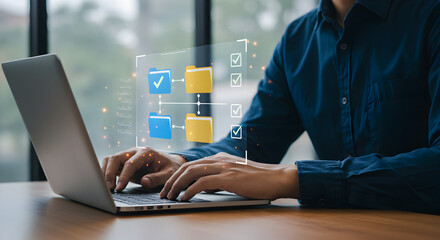 Data management and file transfer on laptop for efficient workflow and organization system online tool