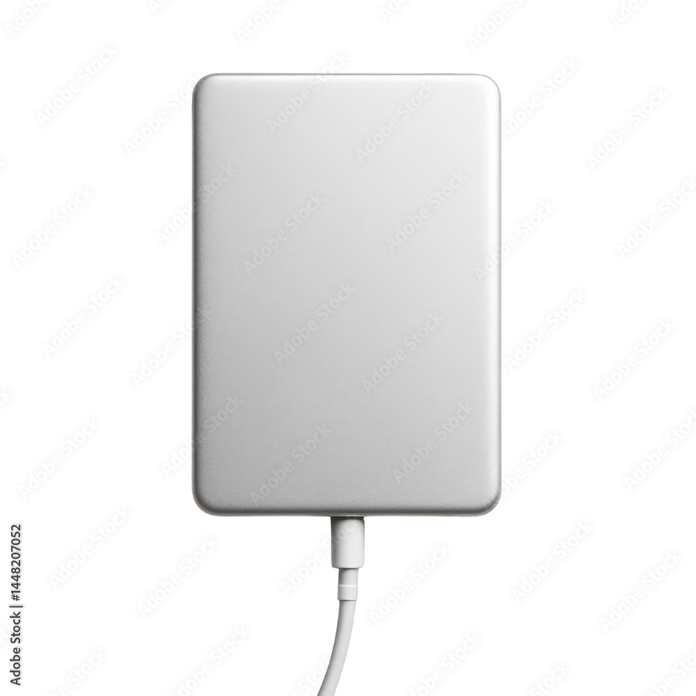 Poster a modern silver portable data storage unit featuring a smooth metallic case and a connected cable.
