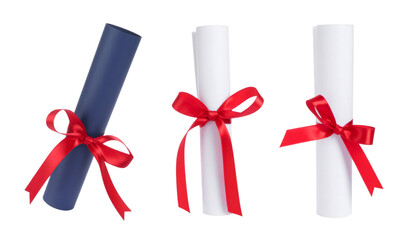 Diploma scrolls tied with red ribbon isolated on transparent background, ideal for graduation and academic themes