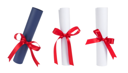 Diploma scrolls tied with red ribbon isolated on transparent background, ideal for graduation and academic themes