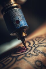 Microscopic perspective of tattoo needle injecting ink into skin with tribal pattern formation illuminated by studio strobes