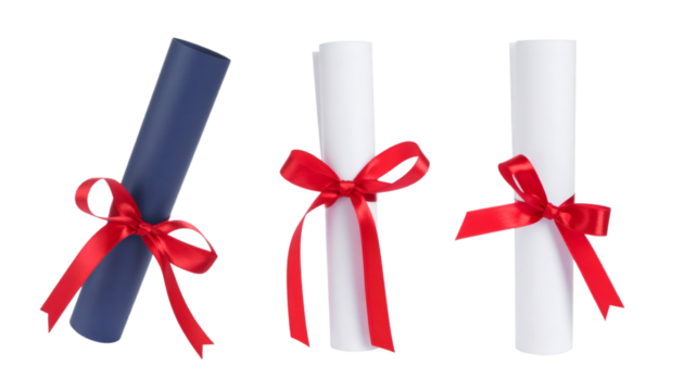 Diploma scrolls tied with red ribbon isolated on transparent background, ideal for graduation and academic themes