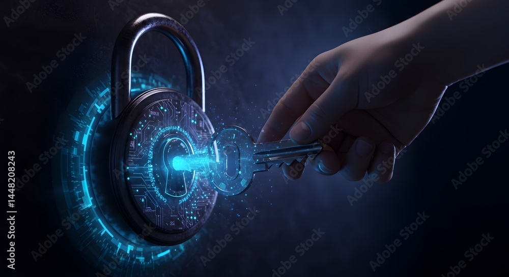 Poster futuristic security lock with digital pattern, technology and access concept