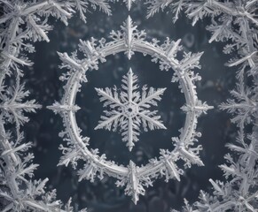 Intricate snowflake frame, varying sizes, snowy backdrop, Christmas theme ,  macro,  art