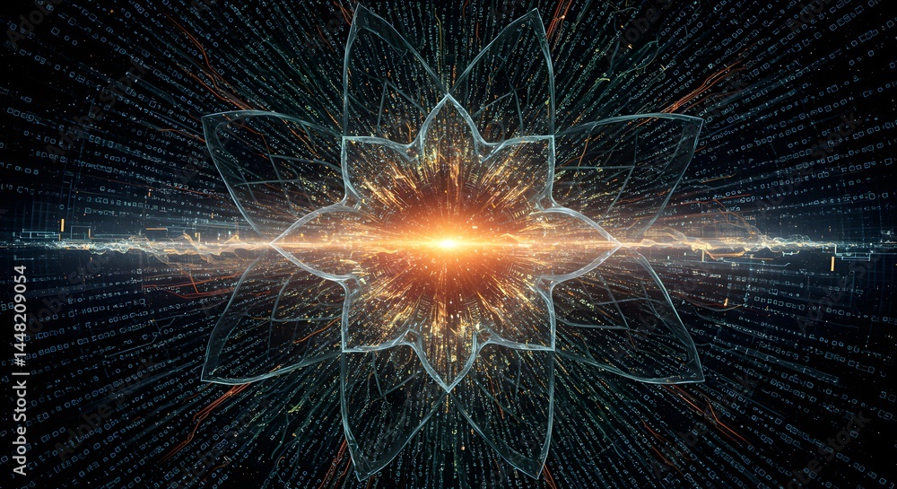 Poster digital bloom: a luminous lotus flower emerging from a matrix of data