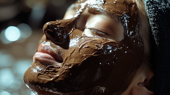 Chocolate facial mask treatment. Woman relaxing with dark brown mask