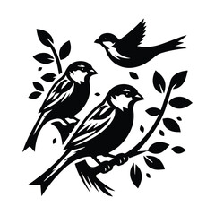 Sparrow birds icon black silhouette seat on the tree with white background
