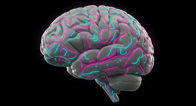 Futuristic brain with glowing neural pathways on a dark backdrop representing intellect