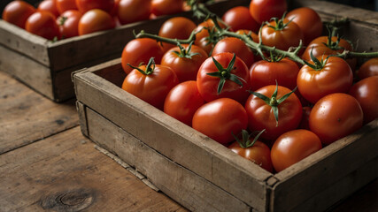 Freshly picked red tomatoes fill wooden crates, evoking a sense of farm-to-table freshness.