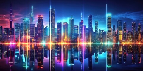 Neon-lit city skyline at night reflected on water surface.