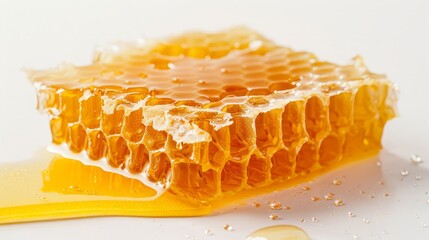 Natural honeycomb with melting honey on a white background.