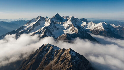 Dramatic aerial view showcases jagged mountain peaks blanketed with snow and clouds below.