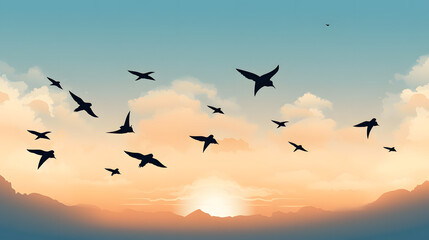 Fototapeta premium Detailed Silhouette of Flock of Swallows Flying in The Sky at Sunset