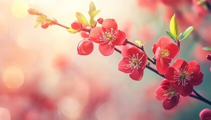 Branch of blooming red flowers in soft sunlight with blurred background.