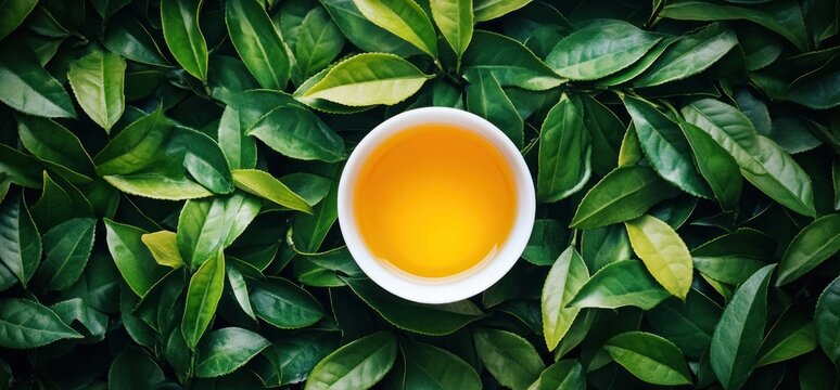 Aromatic Tea: A Cup of Golden Elixir Nestled Among Lush Green Tea Leaves