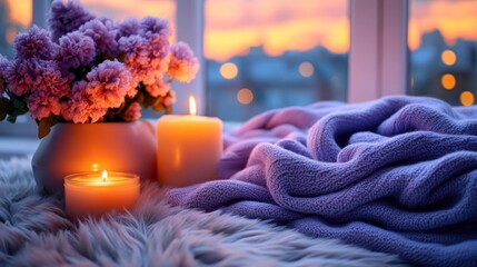 Cozy autumn scene with candles, flowers, and a blanket by the window at sunset.