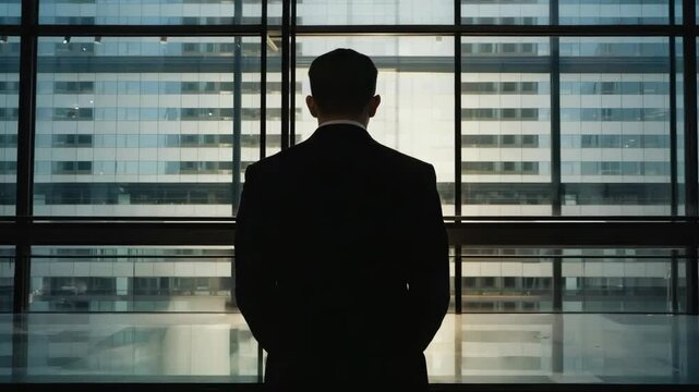 confident businessman standing in front of large office window looking at city, success ambition corporate vision leadership future thinking concept